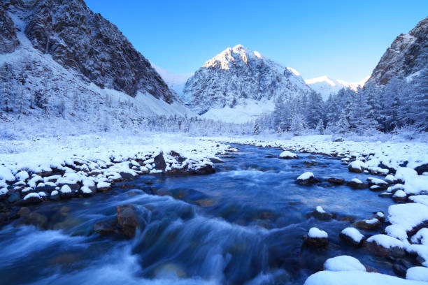 sunrise in the Aktru valley Aktru river with motion blur during a sunrise. Altai mountains altai mountains stock pictures, royalty-free photos & images
