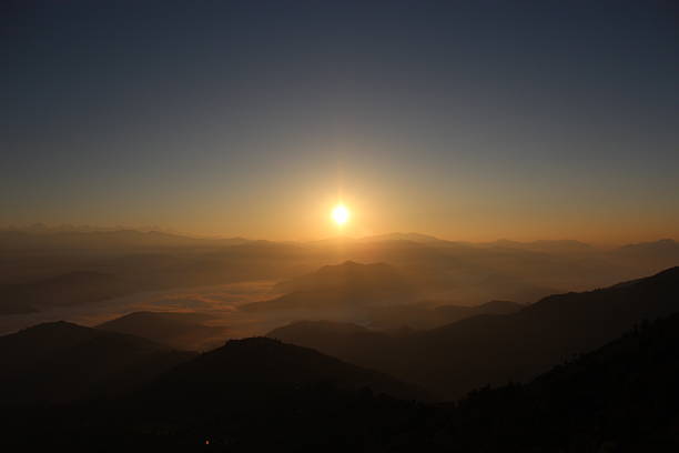 Sunrise landscape on the high mountain Everest of Nepal. stock photo