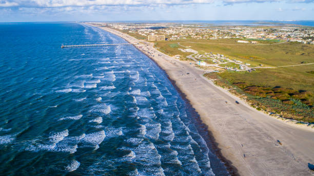 Sunrise on Padre Island from High Drone View with waves crashing along Beach stock photo