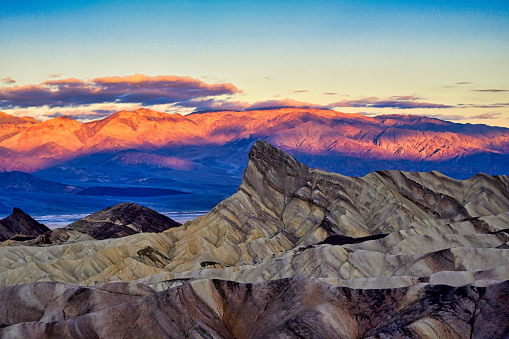 Sunrise from Zabriskie Point with Manly Beacon on focus