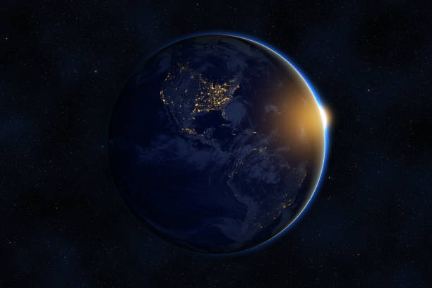 Sunrise over planet Earth against dark starry sky background, elements of this image furnished by NASA stock photo