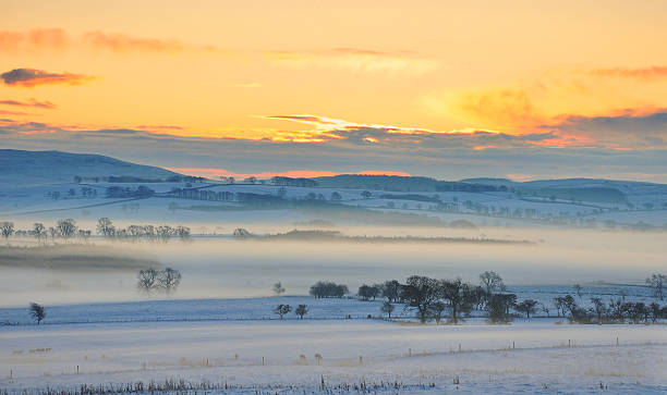 Sunrise over snow covered fields Early winter morning sunrise over snow covered farm fields in rural North England with a layer of mist hanging in the air over the low ground. rothbury northumberland stock pictures, royalty-free photos & images