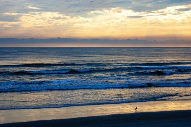 Sunrise over the Atlantic Ocean at Datona Beach, Florida provides a wonderful cloudscape and beachfront view. stock photo