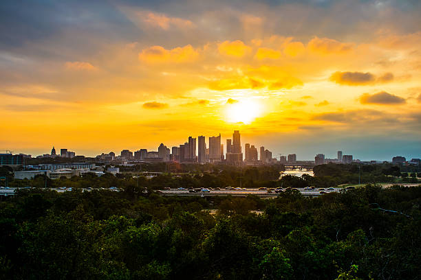 Sunrise Solar Flare of Austin Texas Skyline Perfection Sunrise Solar Flare of Austin Texas Skyline Perfection istock images stock pictures, royalty-free photos & images