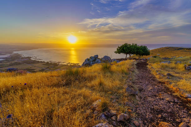 Sunrise view of the Sea of Galilee, from Mount Arbel stock photo