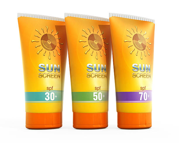 Sunscreen lotion tube flasks stock photo