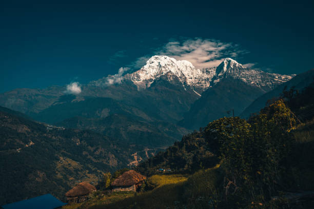 Sunset above Annapurna valley Himalayn mountain near Machapuchare Mardi Himal track in the Himalaya mountains stock photo
