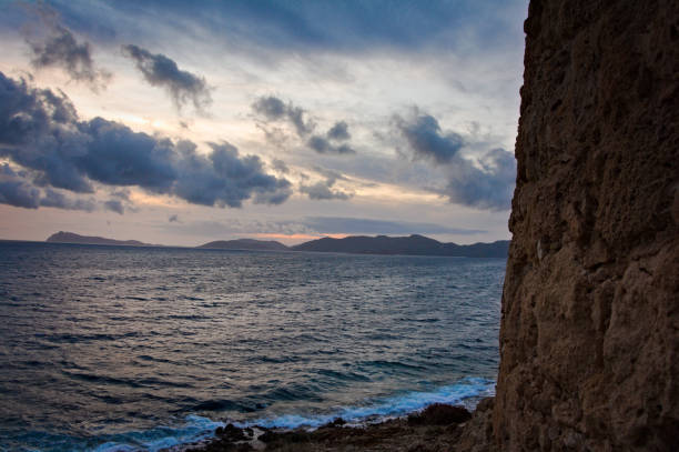 Sunset as seen from a corner beach, close to Cagliari, Sardinia stock photo