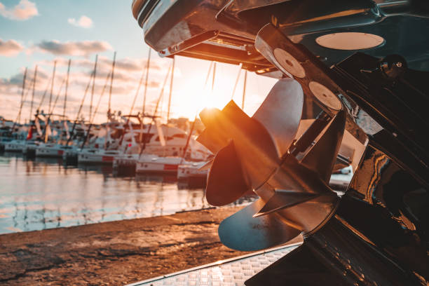sunset at yacht club. propeller. stock photo