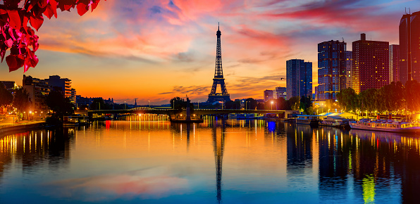 View on Eiffel tower and skyscrapers on Seine in Paris at night, France