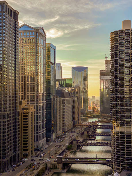 Sunset in Chicago stock photo