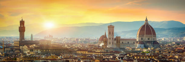 Sunset in Florence Panoramic sunset over cathedral of Santa Maria del Fiore in Florence, Italy florence italy photos stock pictures, royalty-free photos & images