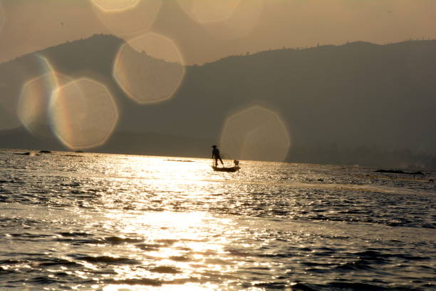 Sunset in Inle lake, Myanmar stock photo