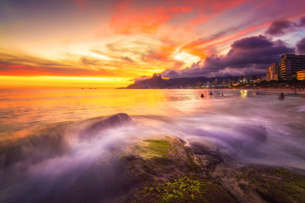 Sunset Landscape Famous Touristic Arpoador Beach, Rio de Janeiro stock photo