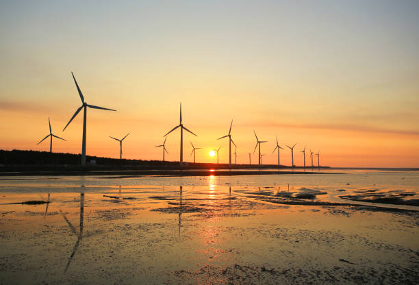 sunset of wind farm stock photo