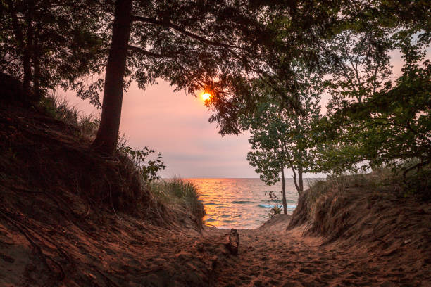 Sunset on Lake Michigan at Saugatuck Michigan stock photo
