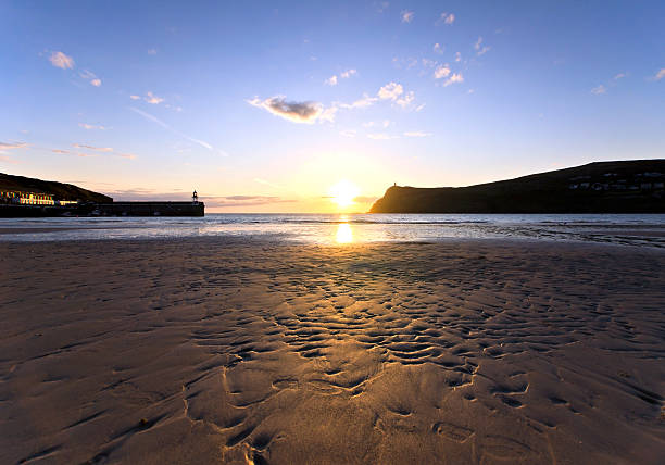 Sunset on Sandy Beach at Port Erin Isle of Man stock photo