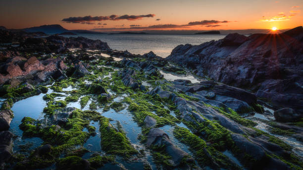 Sunset on scenic rocky beach on West coast of Scotland. stock photo
