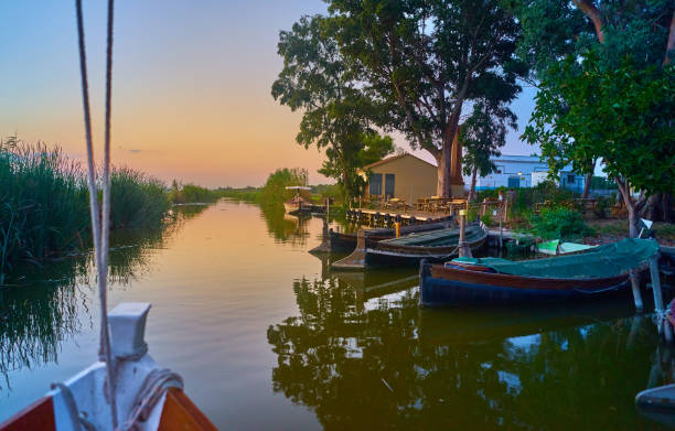 Sunset on the Albufera Canal boats in El Palmar in Valencia Spain Sunset on the Albufera Canal boats in El Palmar in Valencia Spain albufera stock pictures, royalty-free photos & images