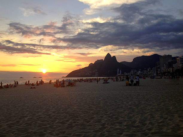 Sunset on the famous beach in Ipanema, Rio de Janeiro stock photo