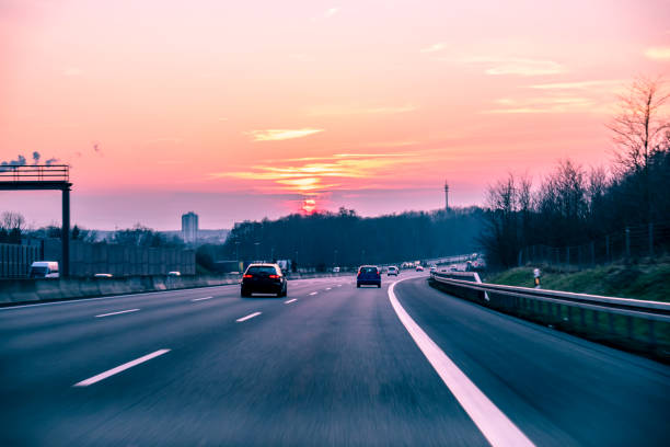 Sunset over a german highway stock photo