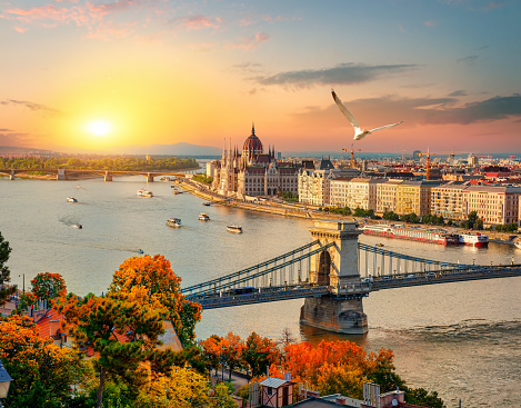 Sunset of Budapest landmarks at beautiful sunset