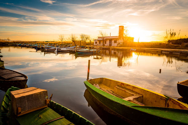 Sunset over La Albufera pier. Valencia-Spain Sunset over La Albufera pier at Valencia-Spain. La Albufera is a freshwater lagoon located at the south of Valencia city. Predominant color is gold. High resolution 42Mp outdoors digital capture taken with SONY A7rII and Zeiss Batis 25mm F2.0 lens albufera stock pictures, royalty-free photos & images