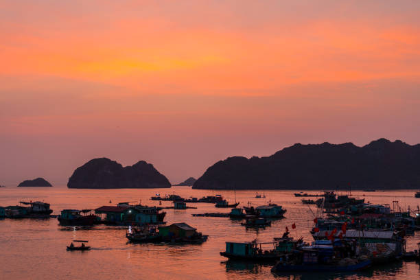 Sunset over the bay from Cat Ba Island, Vietnam stock photo