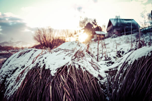 sonnenuntergang über der landschaft - alpen unscharf winter stock-fotos und bilder