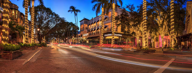 Sunset over the shops along 5th Street in Old Naples, Florida. stock photo