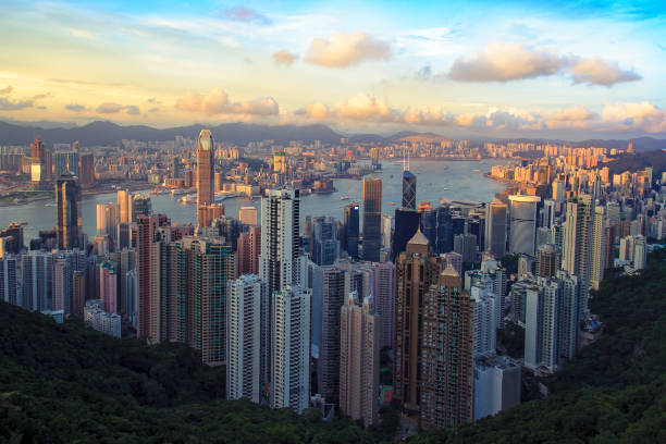 Sunset over Victoria Harbor in Hong Kong seen from Peak stock photo