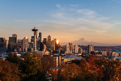 Bright Seattle Skyline Sunset.