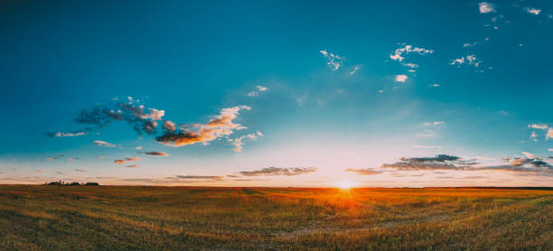 Sunset, Sunrise Rural Meadow Field In August Month. Countryside Landscape Under Scenic Summer Dramatic Sky In Sunset Dawn Sunrise. Sun Over Skyline Or Horizon. Panorama, Panoramic View Sunset, Sunrise Over Rural Meadow Field In August Month. Countryside Landscape Under Scenic Summer Dramatic Sky In Sunset Dawn Sunrise. Sun Over Skyline Or Horizon. Panorama, Panoramic View august stock pictures, royalty-free photos & images