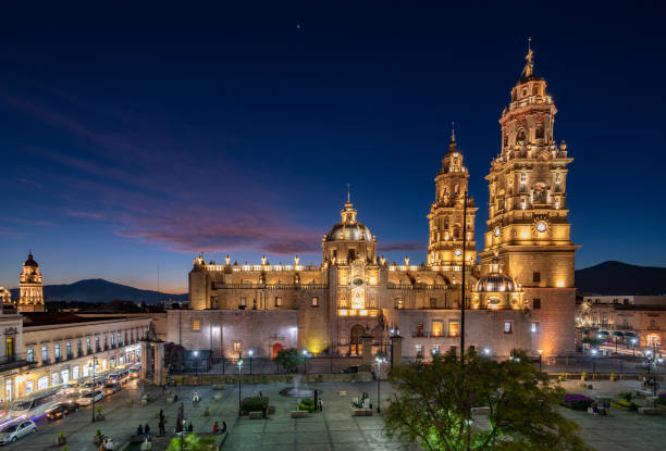 Sunset view of Morelia Cathedral, Michoacan, Mexico. stock photo