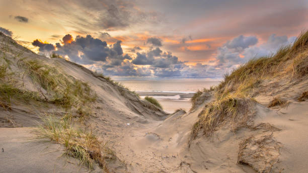 uitzicht op de zonsondergang op de noordzee - nederland strand stockfoto's en -beelden