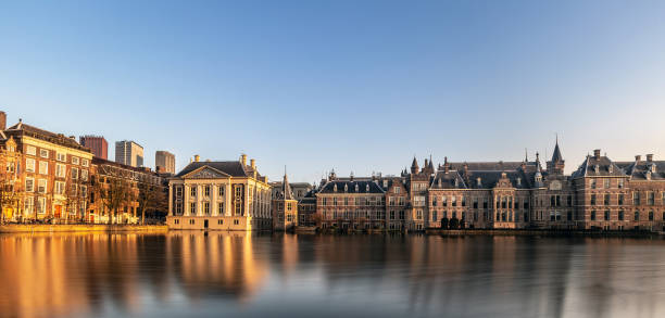 Sunset view on pond Hofvijver, buildings of the Binnenhof. The Hague, Netherlands-2019 stock photo