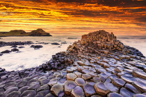 Sunset view on the Giants Causeway in Northern Ireland. stock photo