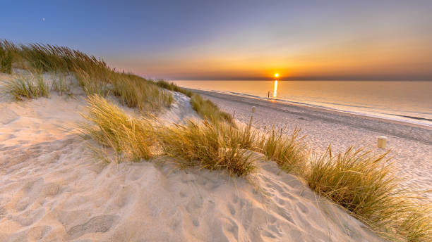 Sunset View over ocean from dune in Zeeland stock photo