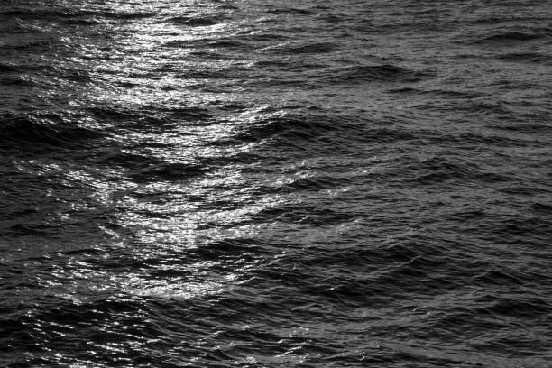 Sunsets lights reflections on the waves in black and white stock photo