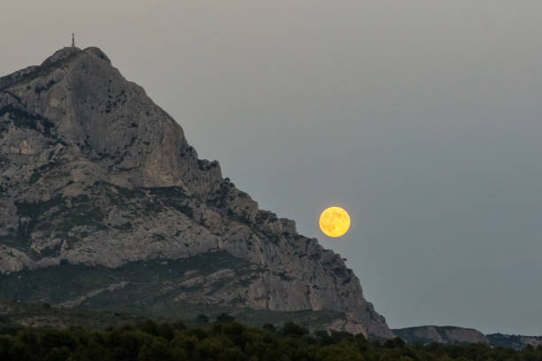 super big moon on Sainte-Victoire Mountain, August 10, 2014 stock photo