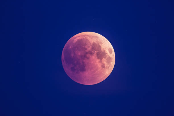 Super Bloody Moon, beginning of full eclipse phase against blue starry sky background stock photo