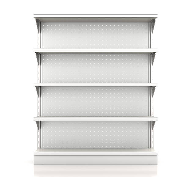 supermarket shelves supermarket shelves render from front on white rack stock pictures, royalty-free photos & images
