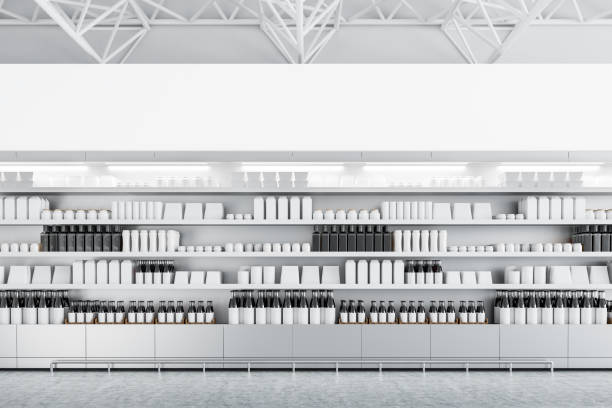 supermarket shelves with mock up bottles and boxes - store render imagens e fotografias de stock