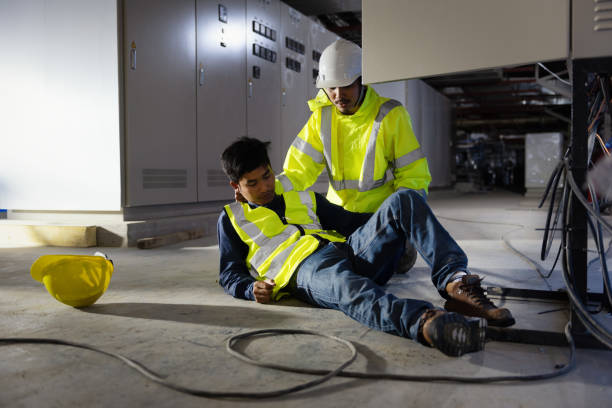 Support allows patient, Life-saving and rescue methods. Accident at work of electrician job stock photo