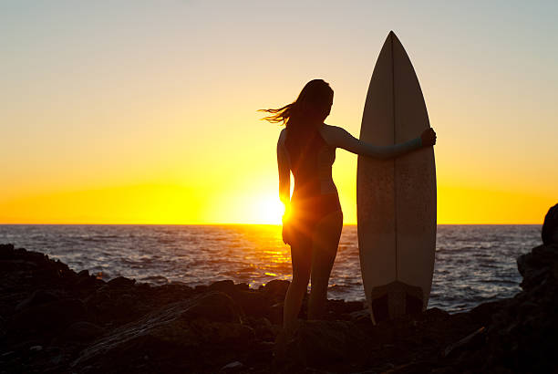 Surfer girl and the sunset stock photo