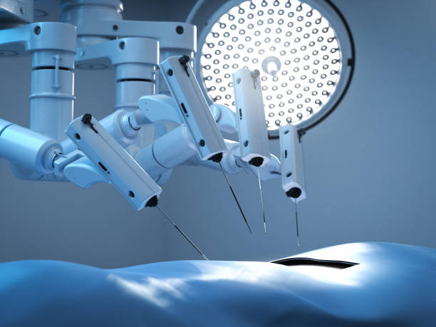 Surgery robot in operation room Medical technology concept with 3d rendering surgery robot in surgery room surgery stock pictures, royalty-free photos & images