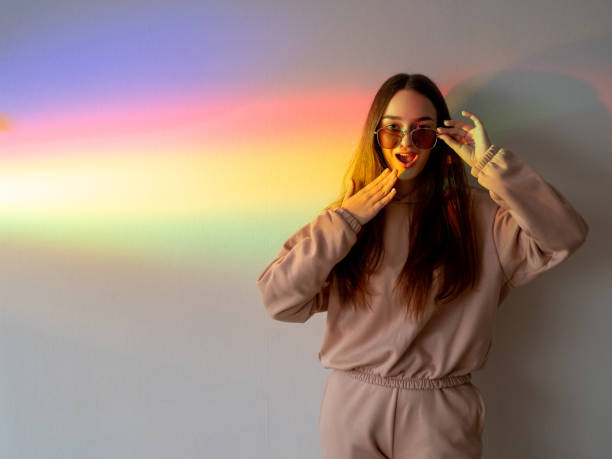 surprised girl fashion background omg rainbow neon - omg girl bildbanksfoton och bilder