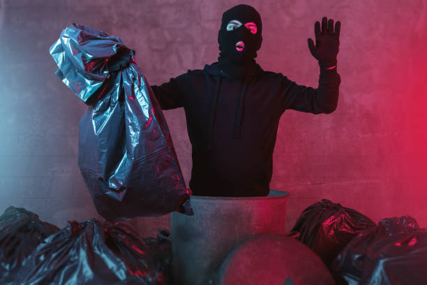 surprised thief comes out from garbage can and hold the hands up and get illuminated from the police lights surprised thief comes out from garbage can and hold the hands up and get illuminated from the police lights ski mask criminal stock pictures, royalty-free photos & images