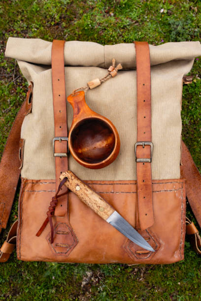 survival bag kuksa and knife leather backpack, kuksa and knife bushcraft stock pictures, royalty-free photos & images