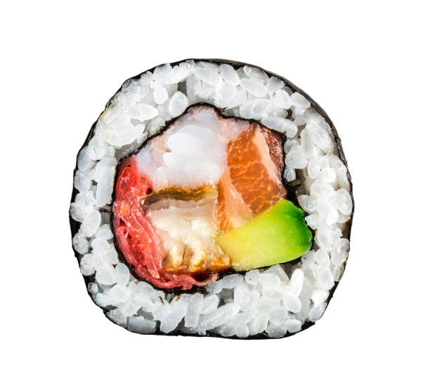 Sushi roll with salmon, shrimps and avocado stock photo
